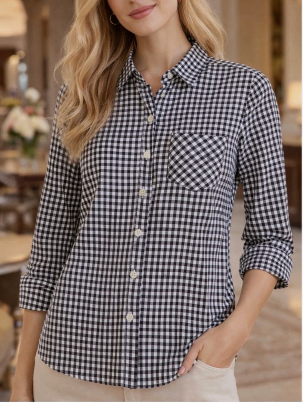 Lauren Ralph Lauren PM Gingham Shirt Black White 3/4 Sleeve Roll Cuff Cotton